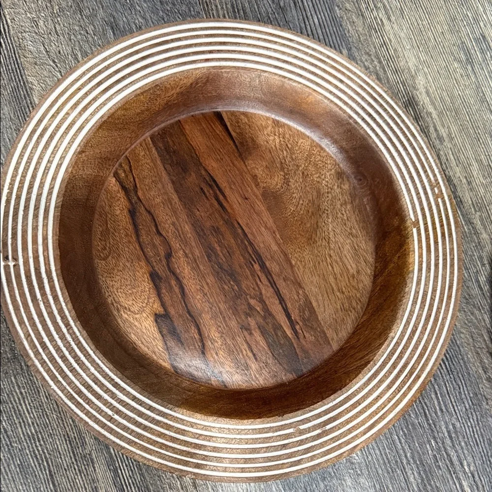 Kirklands Brown and White Striped Wooden Bowl